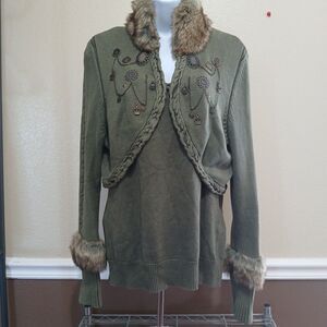 Tribal Faux Fur Trim Green Steampunk Cropped Cardigan Bolero & Tank M/L